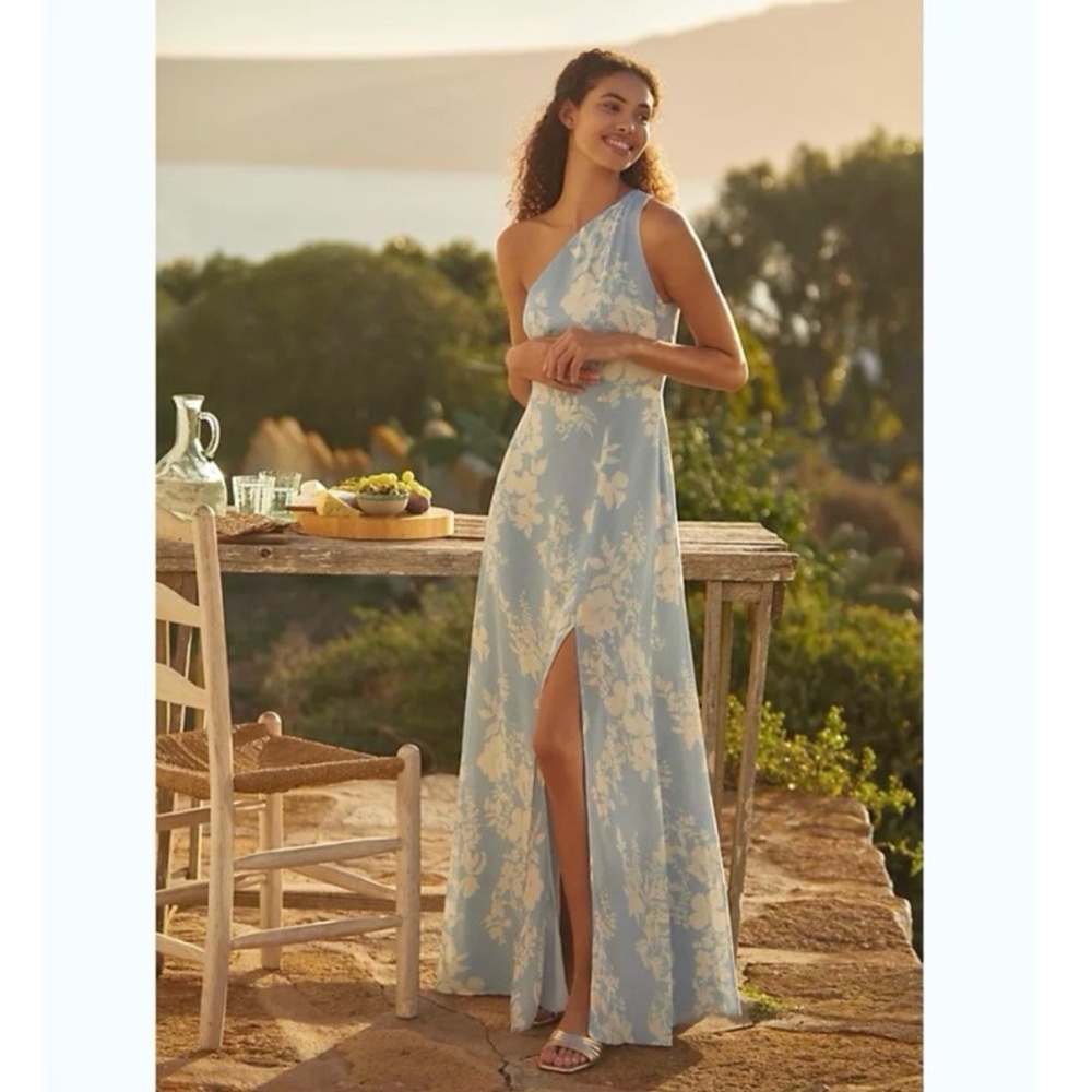Reformation Evelyn Dress | Blue and Cream One-Shoulder Maxi Dress